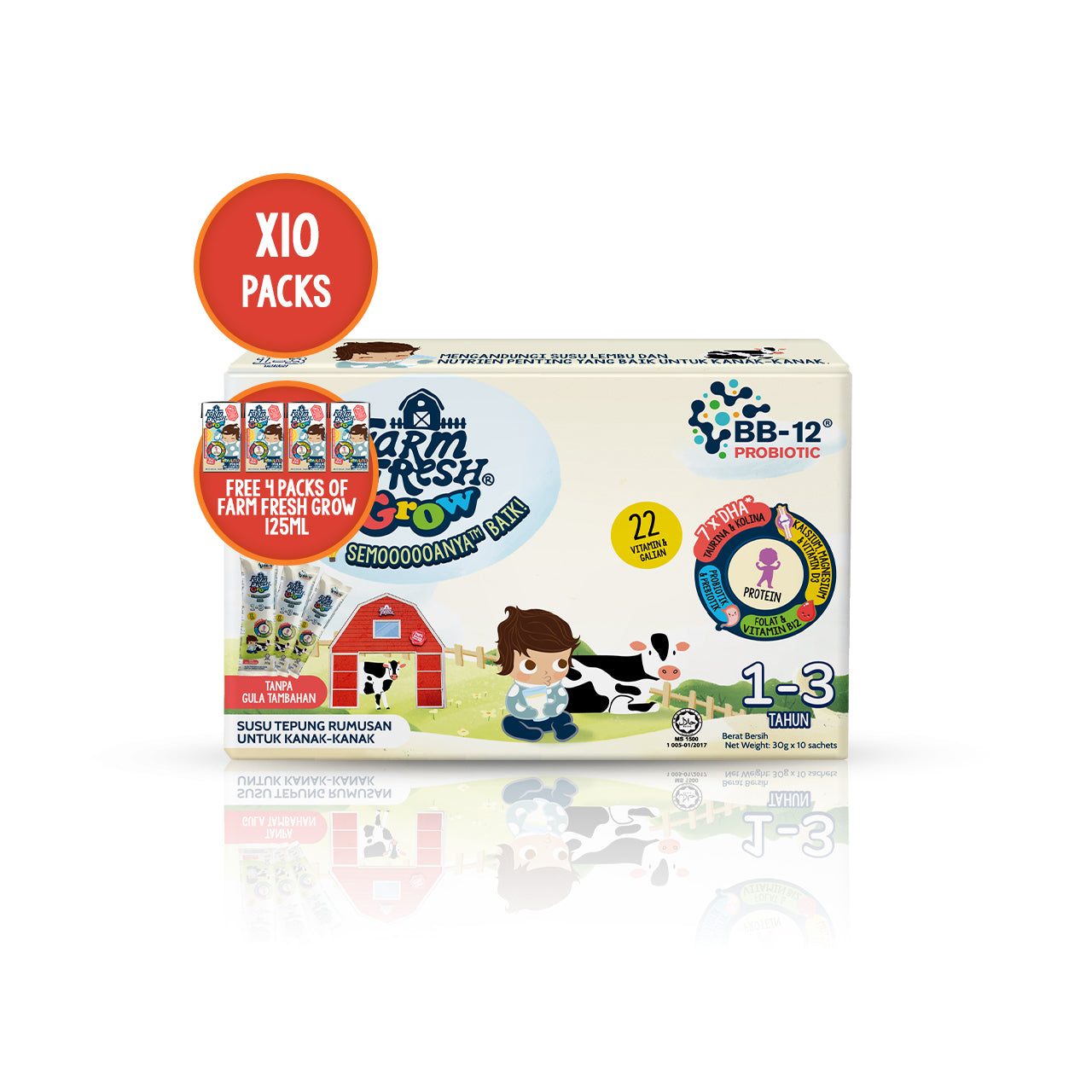 Farm Fresh Grow Powder 1-3 Years Old 30g x 10 sachet x 10 packs + [FREE] Farm Fresh Grow Formulated Milk 1-6 Years 125ml
