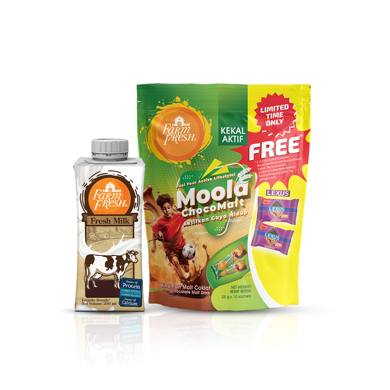 Farm Fresh UHT Fresh Milk 200ml x 24 Packs +  Farm Fresh Choco Malt Powder 35g x 10 sachet X Lexus