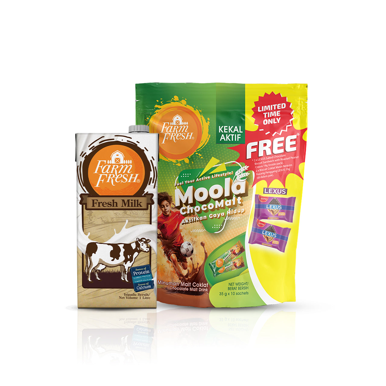Farm Fresh UHT Fresh Milk 1L x 1 Pack + Farm Fresh Choco Malt Powder 35g x 10 sachet X Lexus